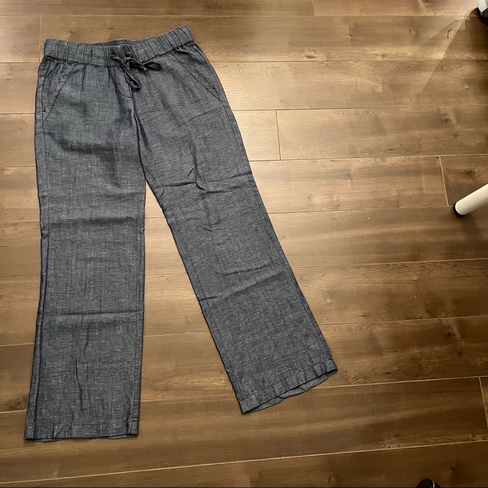 Chambray blue linen wide leg pants with drawstring waist